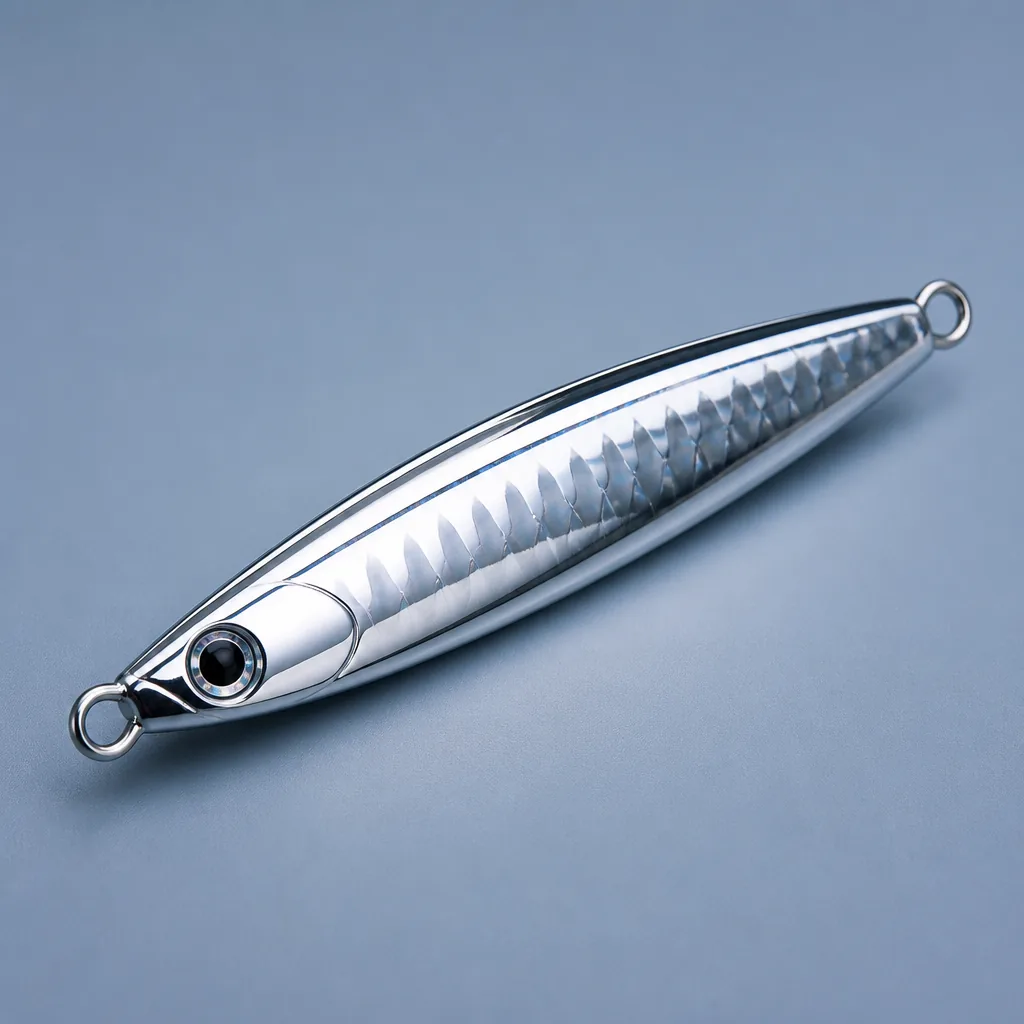 Chrome Tady jig beside a conventional casting reel
